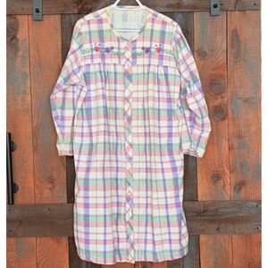 Vtg Coffee Time Plaid Flannel Nightgown Pearl Snap House Coat Robe One Size